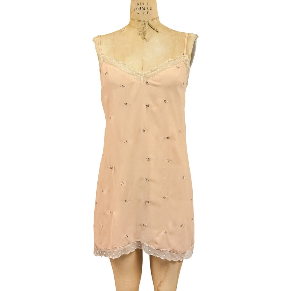 Y2K Rose Embroidered Mesh Slip Mini Dress Dollette Swiss Dot Lace Trim Dainty M